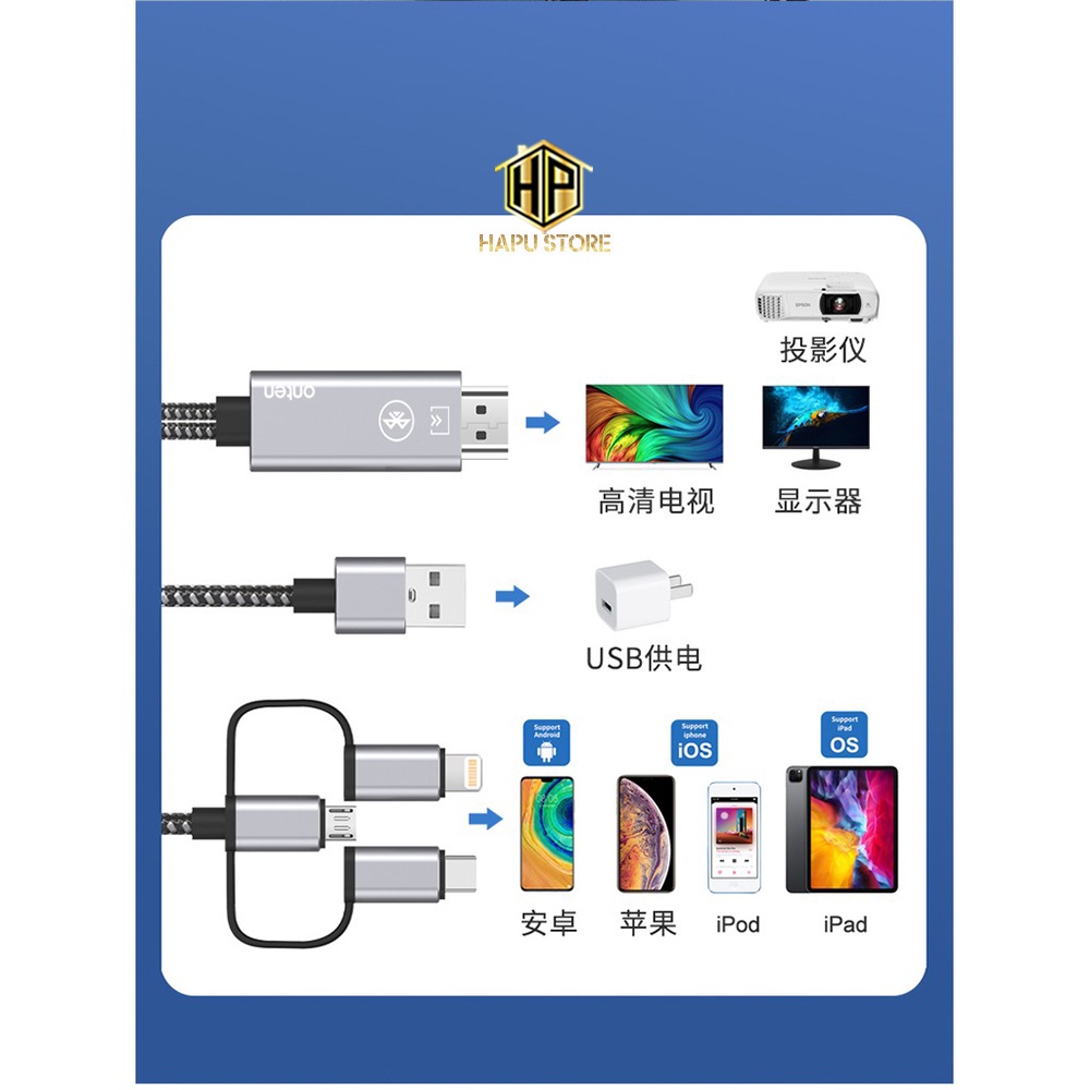 Cáp chuyển 3 trong 1 Lightning - Type C - Micro USB to HDMI Onten 7539 - Hapustore