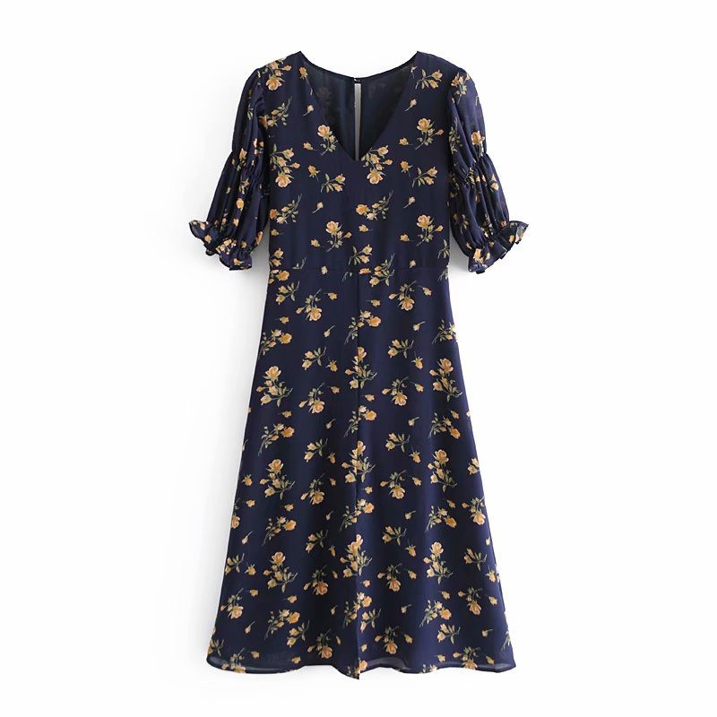 2020 autumn pullover v-neck short-sleeved flower print split dress women's clothing | BigBuy360 - bigbuy360.vn