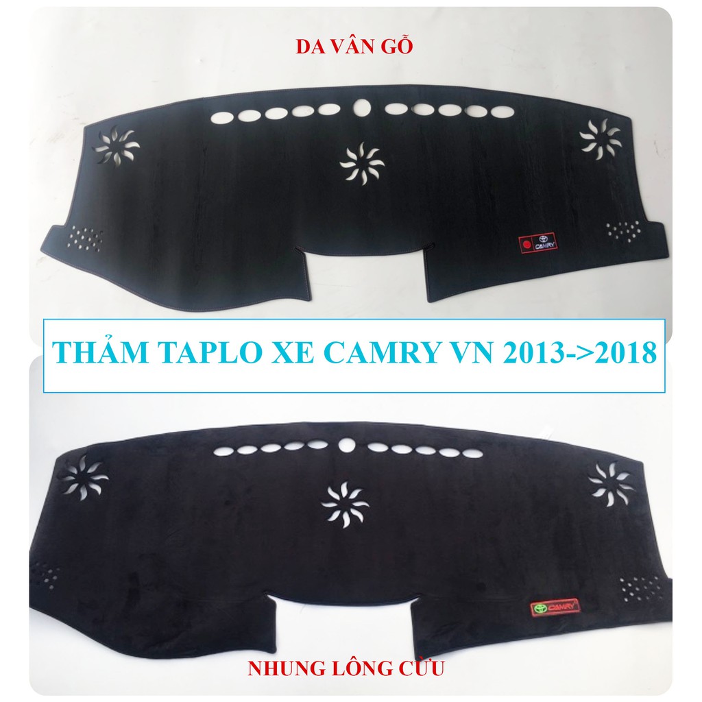 Thảm taplo xe Toyota CAMRY VN 2013->2018 | Thảm taplo nhung lông cừu, da vân gỗ, vân cacbon