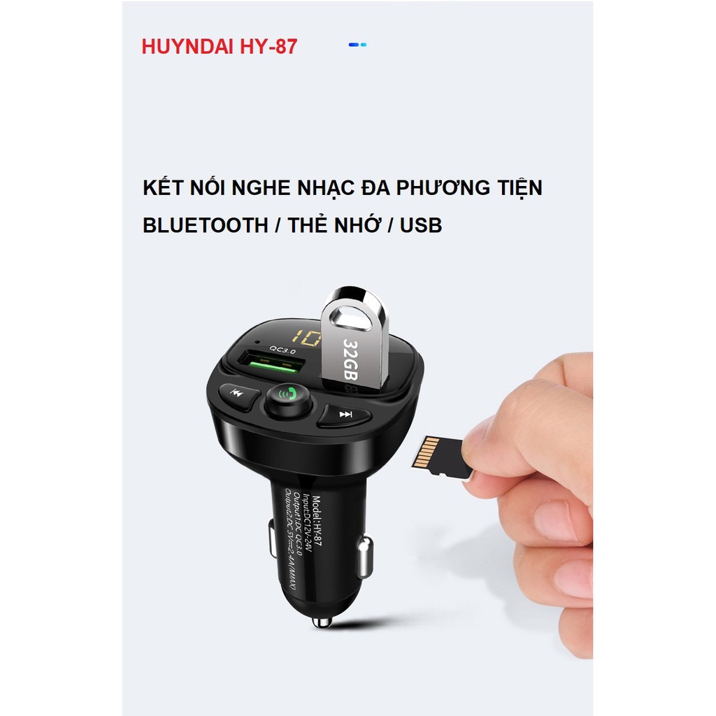 Tẩu sạc ô tô hai cổng USB, kết nối bluetooth với dàn âm thanh trên xe nghe nhạc đa phương tiện HUYNDAI HY-87 màu đen