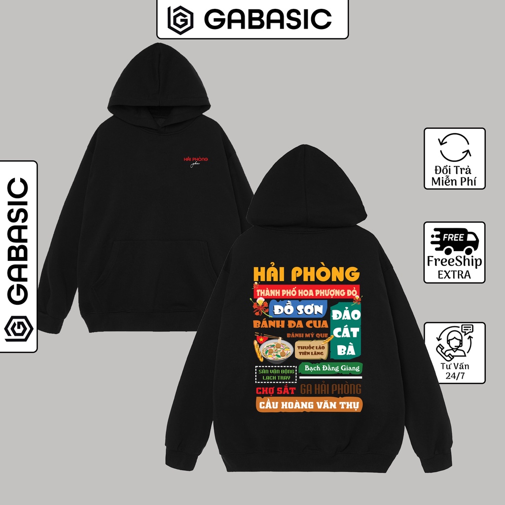 Áo Hoodie 63 Tỉnh Thành Việt Nam Nỉ Bông Unisex Nam Nữ Form Rộng GaBasic-Áo Mũ Hoodie Thu Đông Màu Đen Dày Dặn