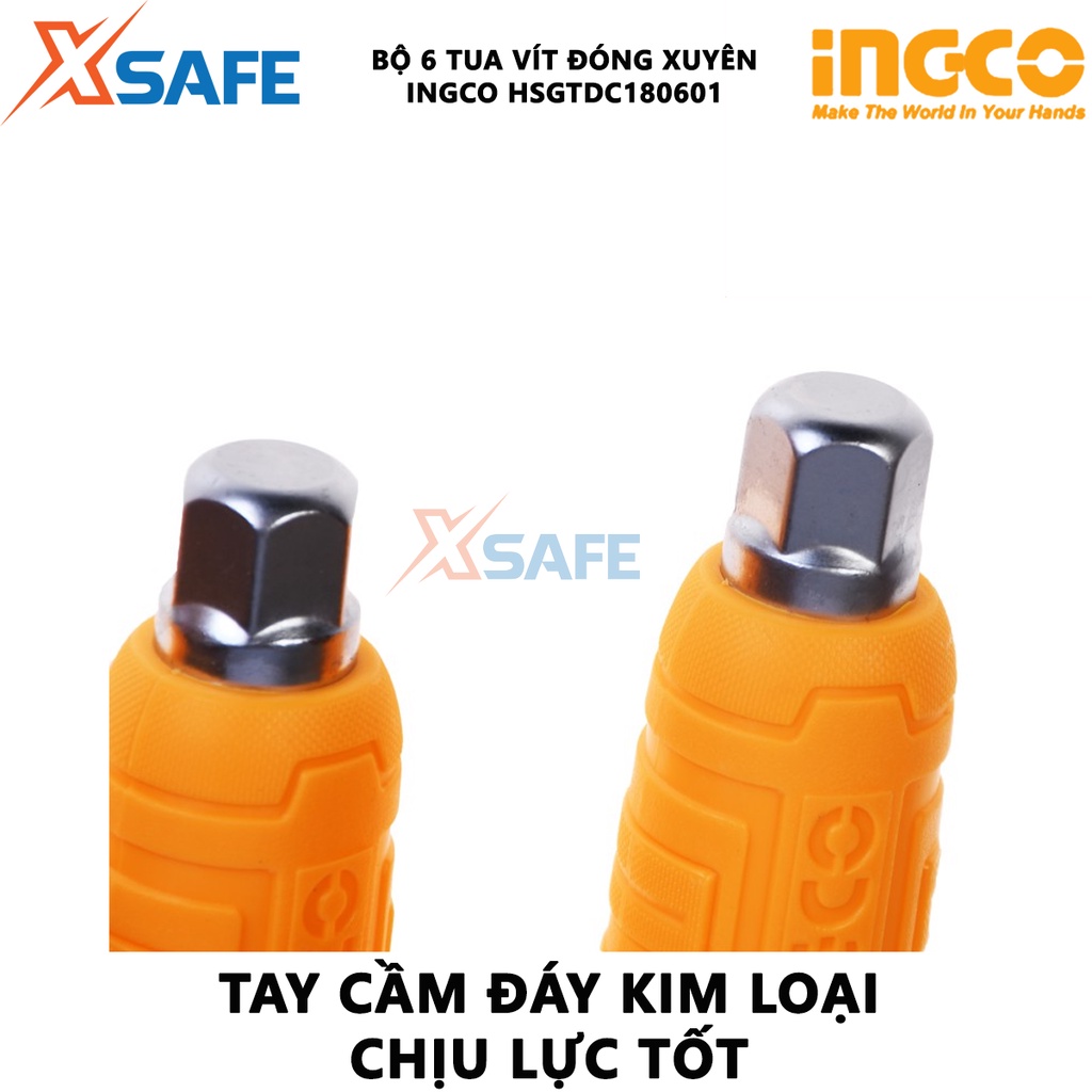 Bộ 6 tua vít đóng xuyên INGCO HSGTDC180601 Bộ tuốc nơ vít 6 chi tiết thép 40Cr, gắn cố định trên khung nhựa, vỉ nhựa