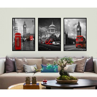 Bộ 3 tranh canvas treo tường thành phố châu Âu tông đen đỏ TTC20tv6 - 30 x 45 cm x 3tranh
