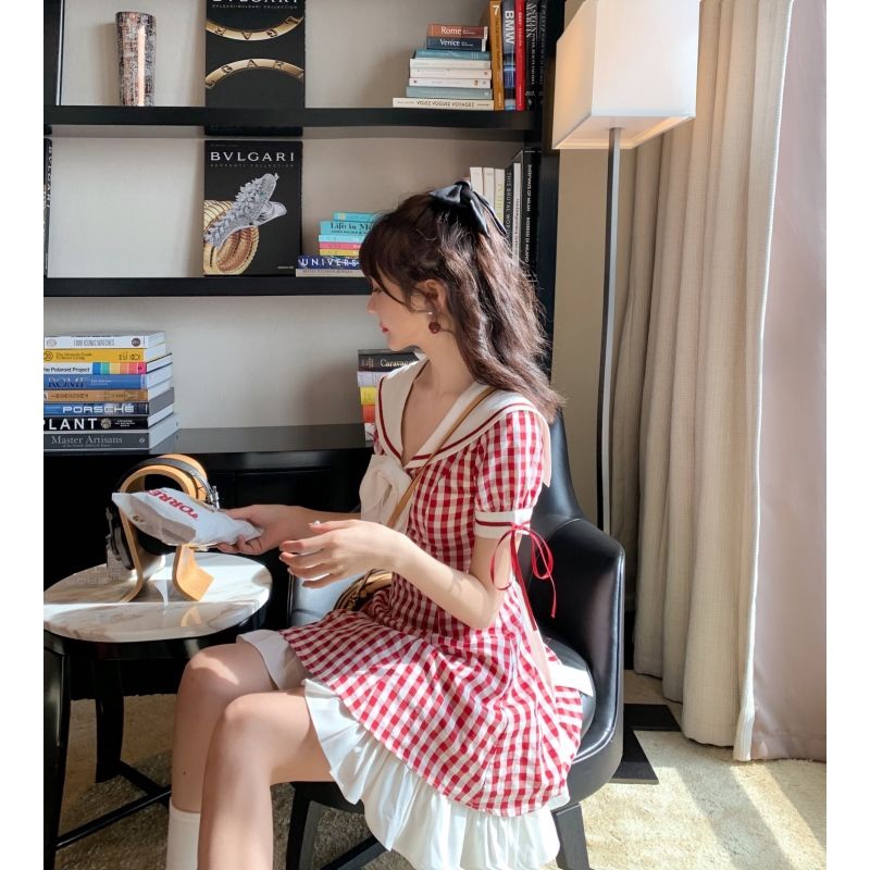 Women Sweet Academy Style Pattern Dress Student Midi Dress