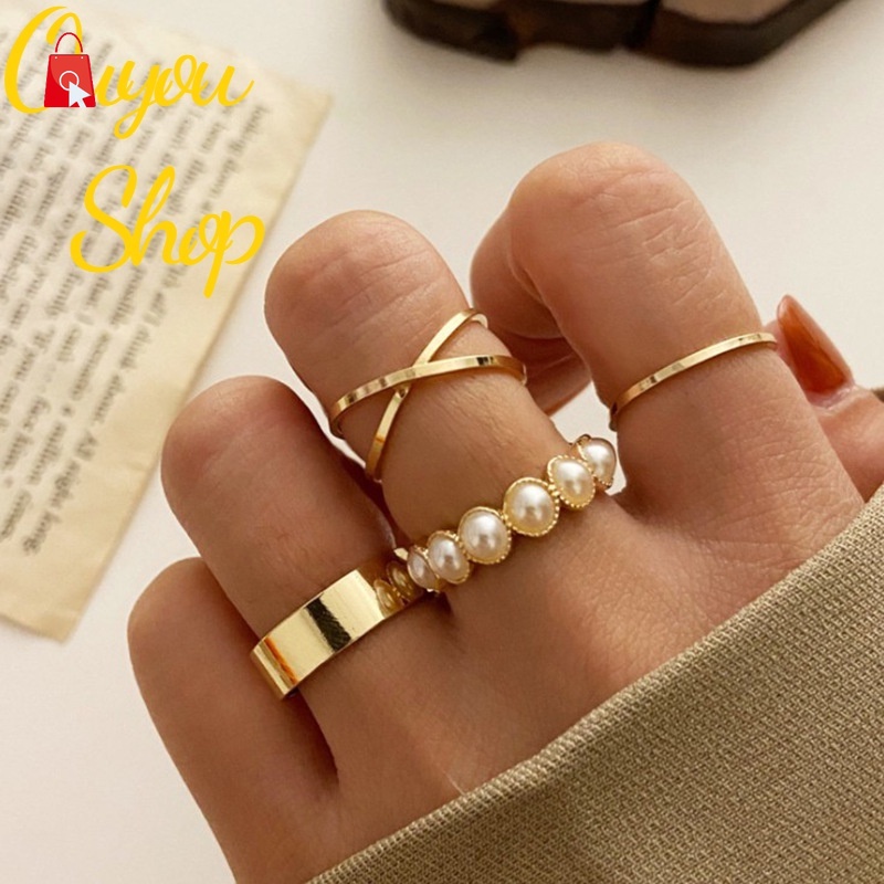 Bộ 4 Nhẫn Hở Cổ Điển Đính Ngọc Trai Nhân Tạo Cho Nữ JP1