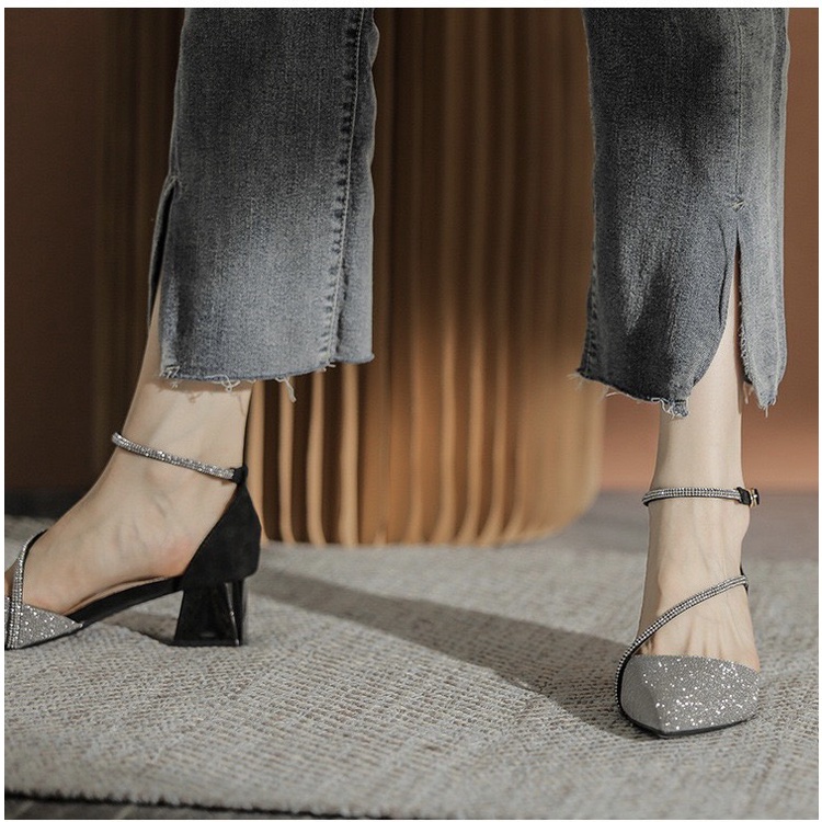 Giày sandal cao gót mũi nhọn đính đá gót vuông phong cách Hàn Quốc (782)