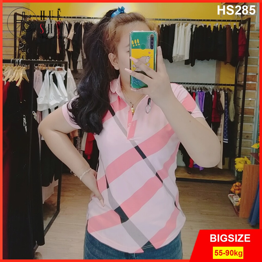 Áo kiểu bigsize nữ BBR- Áo thun bigsize nữ cổ trụ caro chéo HS285 - Màu Xanh đen, Hồng, Đỏ, Nude - Size 55-90kg L XL XXL