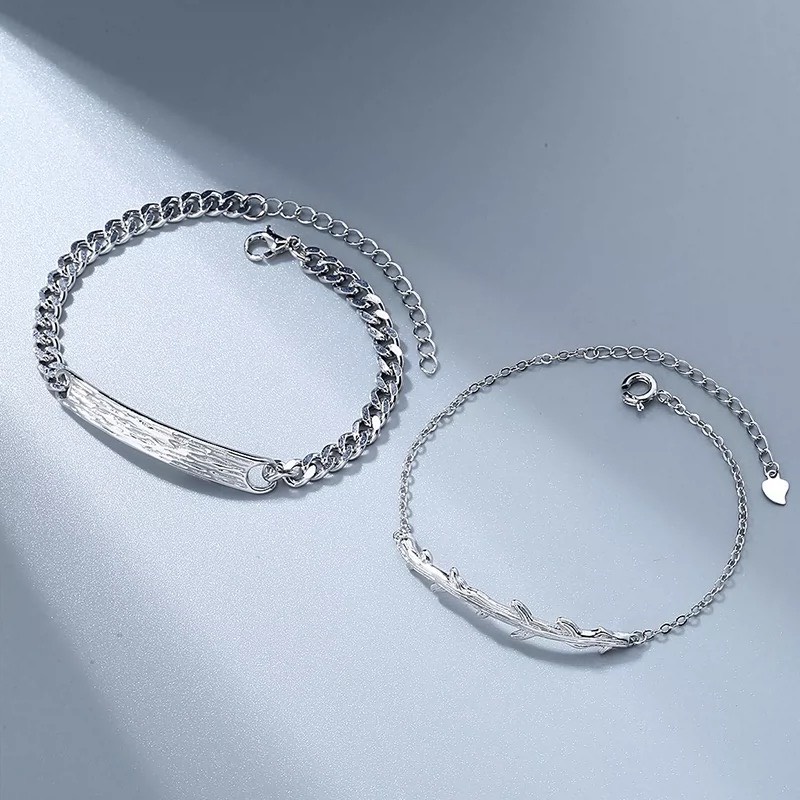Vòng tay mạ bạc 925 thiết kế đơn giản thời trang cho cặp đôi nam nữ kiểu dáng hình Núi & Cây