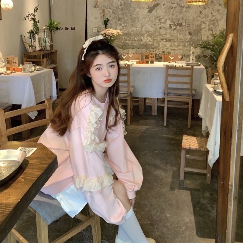 Áo sweater Dáng Rộng Nhiều Lớp Ren Hồng Ngọt Ngào Mùa Thu Hàn Quốc Dễ Phối Đồ Cho Phụ Nữ Trung Niên