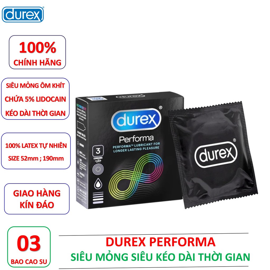 [BAO CAO SU DUREX] Bao cao su DUREX siêu mỏng kéo dài thời gian Durex Performa chứa 5% Lidocain trị xuất tinh sớm