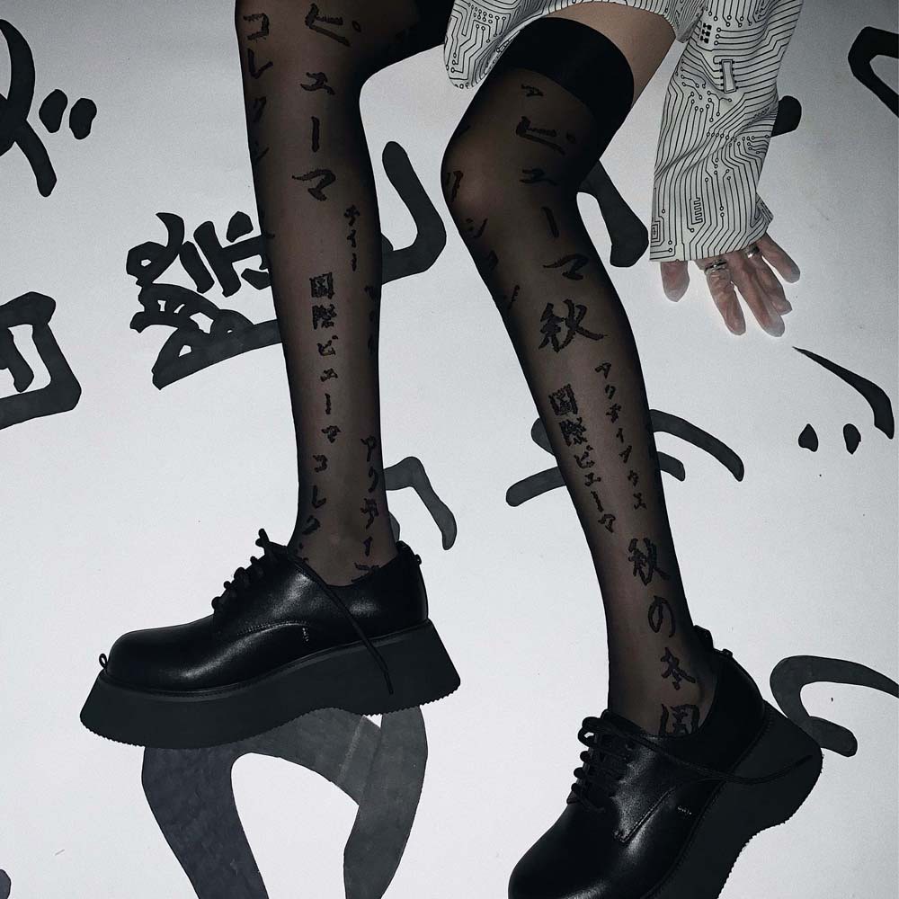 Vớ lụa đen vải nylon mỏng co giãn thoáng khí phong cách gothic Hàn Quốc