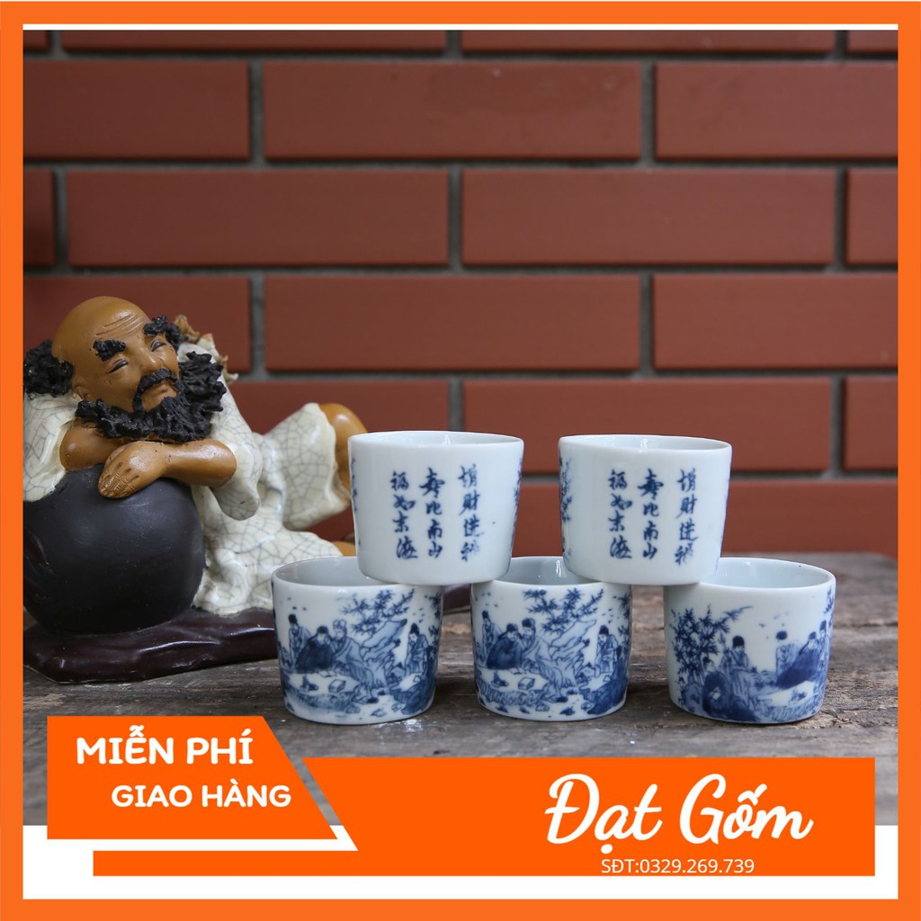 Chén uống trà - chén trúc lâm thất hiền men lam gốm sứ Bát Tràng