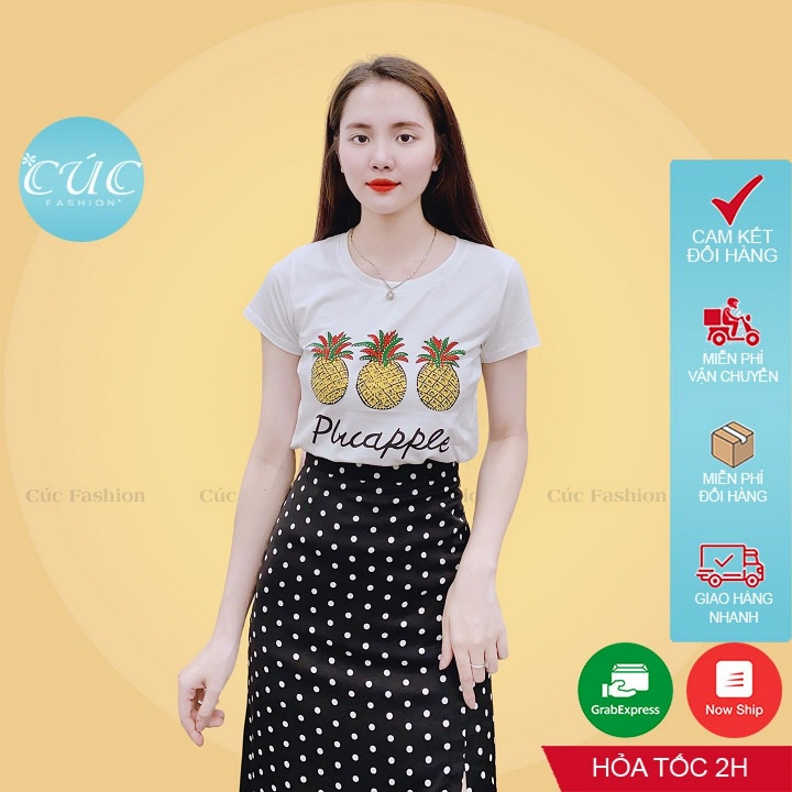 Áo phông nữ CÚC FASHION cộc tay vải thun cotton lỡ du lịch đi học đẹp trắng cổ tròn họa tiết quả dứa đính đá AP31
