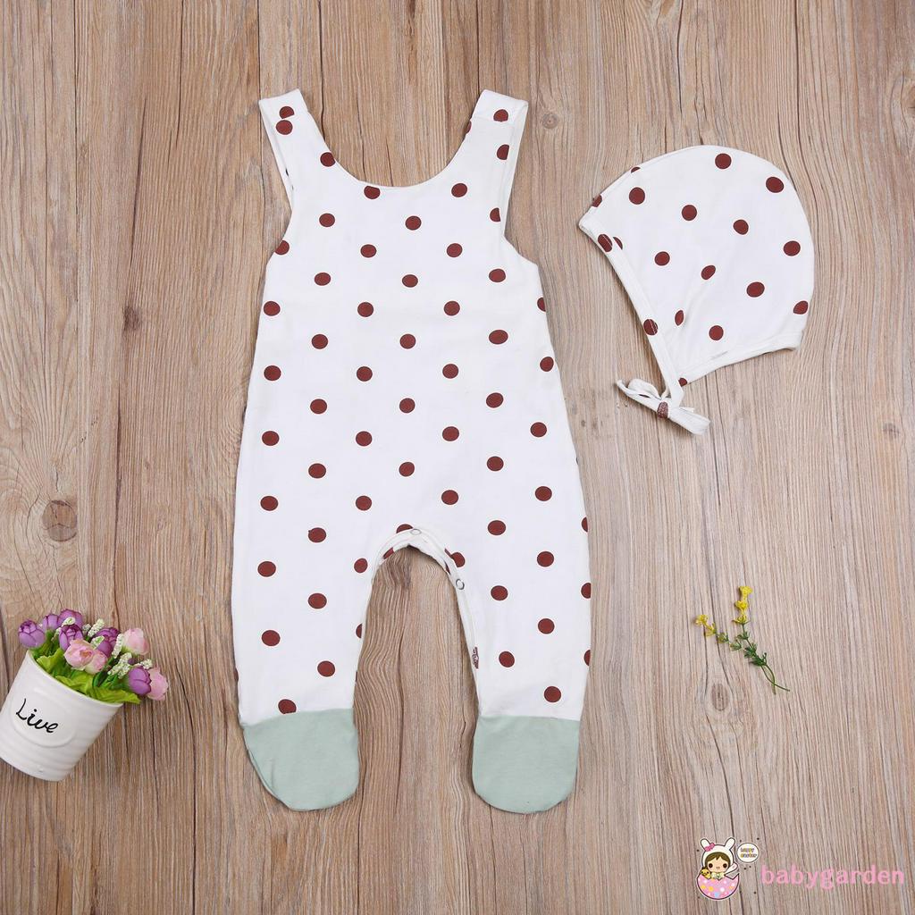 Áo liền quần che chân in hình mặt trăng/chấm bi/lá + mũ trùm thời trang cho trẻ sơ sinh