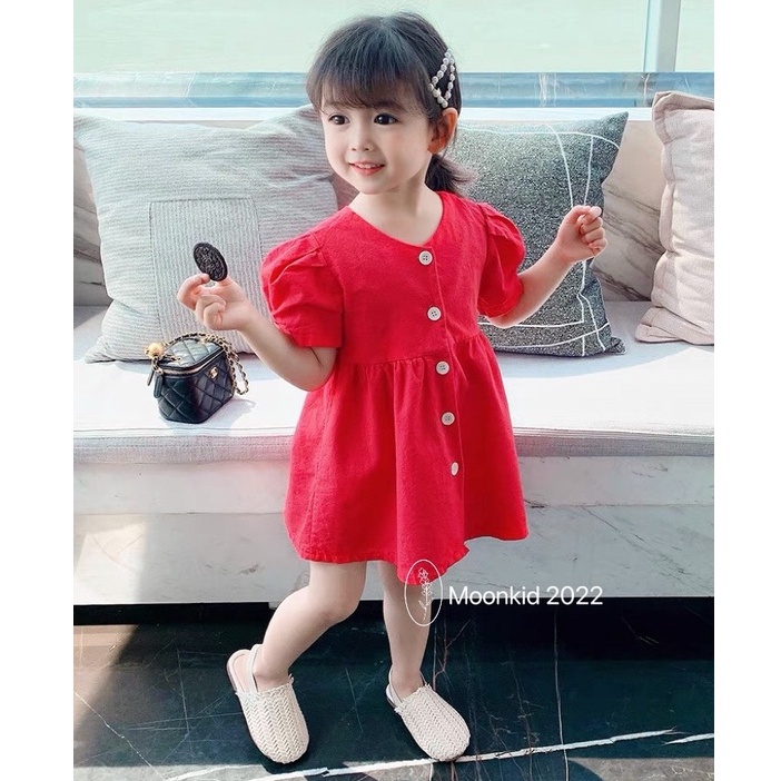 Váy đầm công chúa đũi mềm cao cấp cài khuy tay bồng nơ lưng cho bé gái cho bé 8-20kg