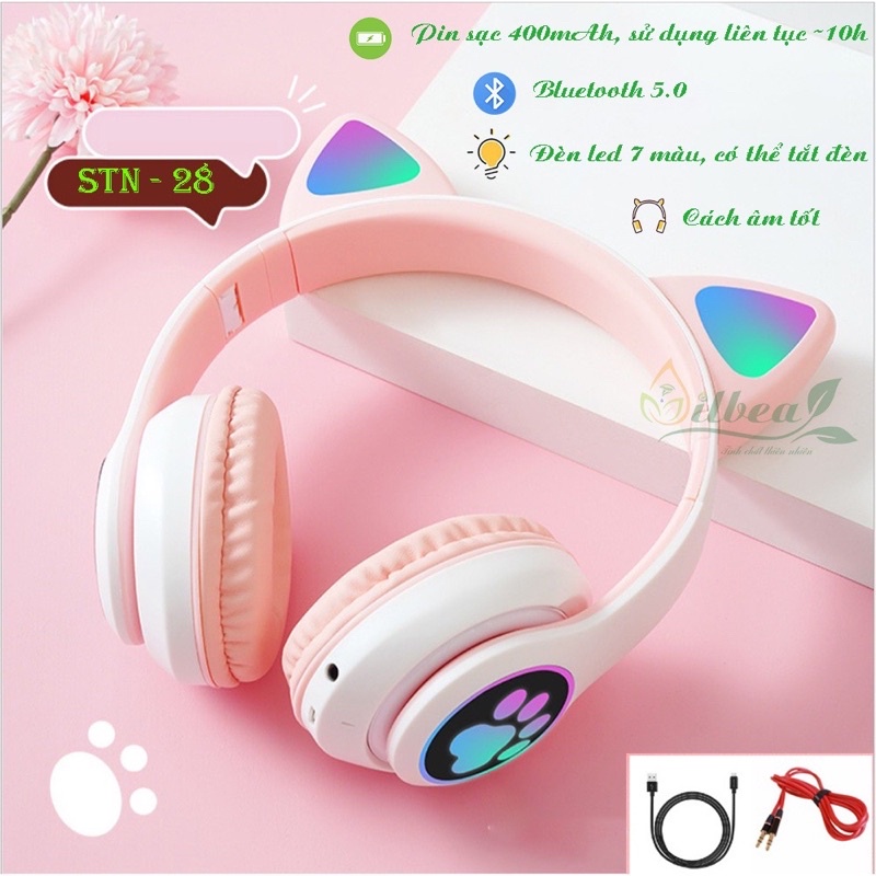 Tai nghe tai mèo bluetooth chụp tai có đèn led, có micro chơi game. Headphone bluetooth thỏ dễ thương hồng, đen, xanh