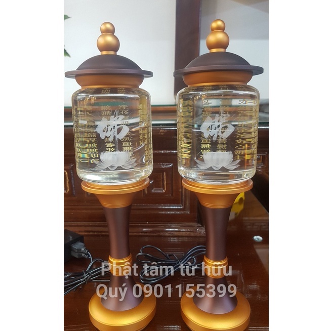 Đèn thờ pha lê chữ Phật khắc Tâm Kinh chân đồng Đài Loan cao cấp