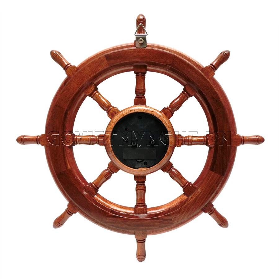 Mô hình bánh lái tàu gỗ trang trí treo tường - Vô lăng tàu gỗ trang trí Ø40cm - Gỗ căm xe tự nhiên - Có đồng hồ