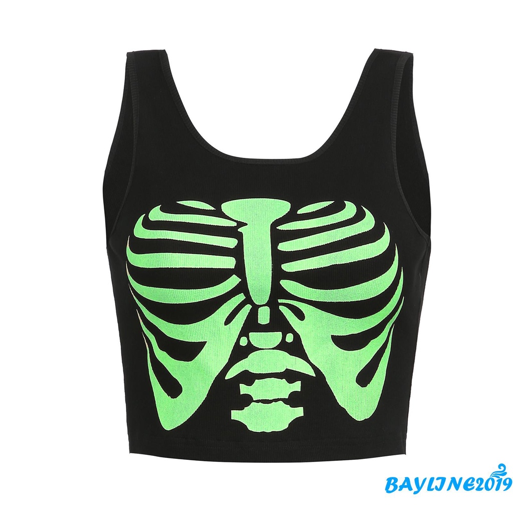 Áo Croptop Dệt Kim Sát Nách In Hình Bộ Xương Cá Tính Cho Nữ