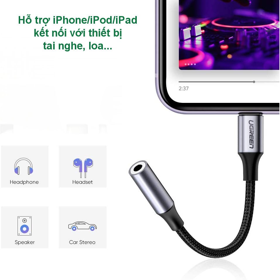 Cáp Lightning sang 3.5mm Audio chuẩn MFI UGREEN US211  - Hàng phân phối chính hãng - Bảo hành 18 tháng