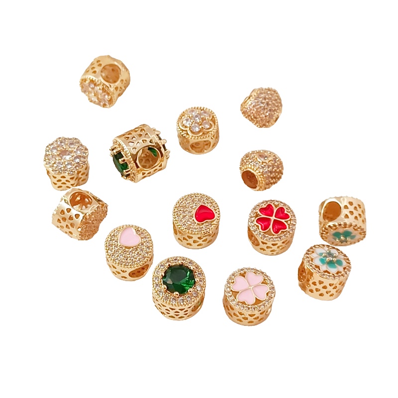 Hạt Cườm Mạ Vàng 14K Hình Trái Tim Bốn Lá Đính Đá Zircon Diy