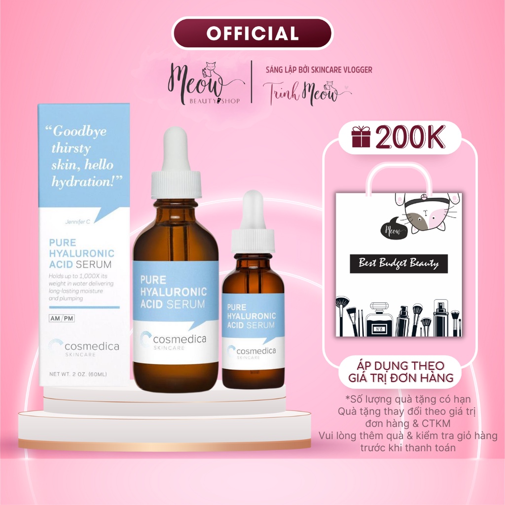 Tinh chất Cosmedica cấp nước, cấp ẩm dưỡng da Pure Hyaluronic Acid Serum 30ml - 60ml