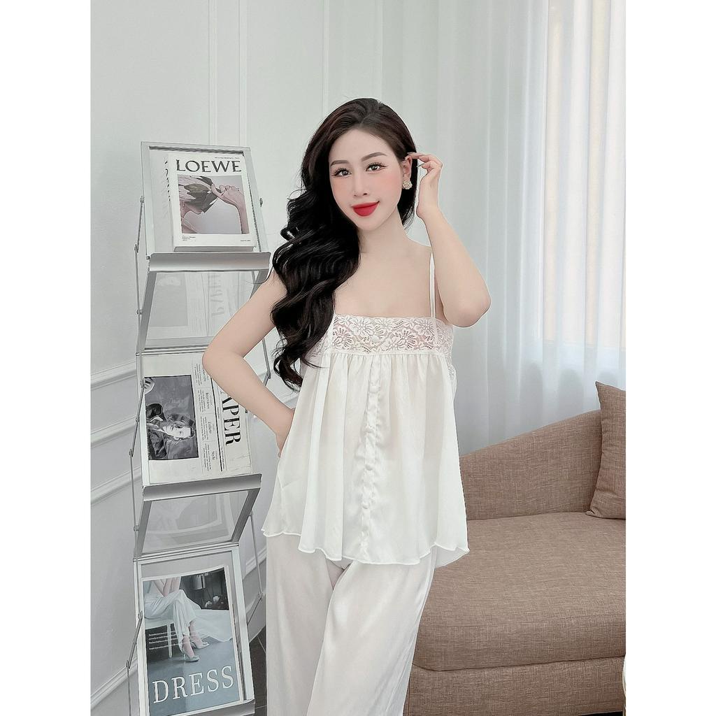 set đồ nữ quần dài mặc nhà vải gấm lụa xước freesize 54kg - CN96