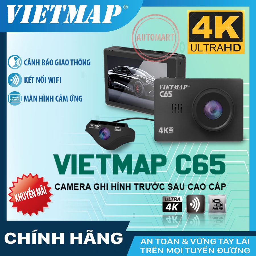 Camera hành trình VIETMAP C65 ghi hình 4K, quay trước sau