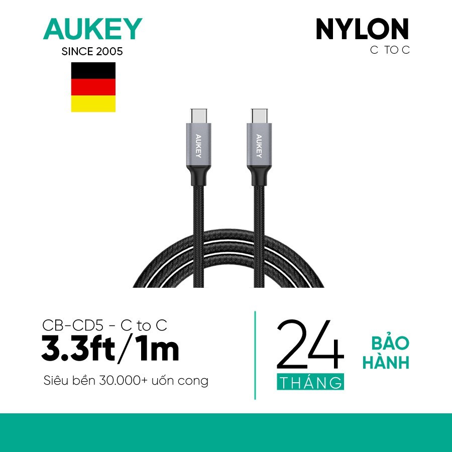 Cáp Sạc C To C Aukey CB-CD5 Siêu Bền, Công Suất 60W, 480Mbps - Hàng Chính Hãng