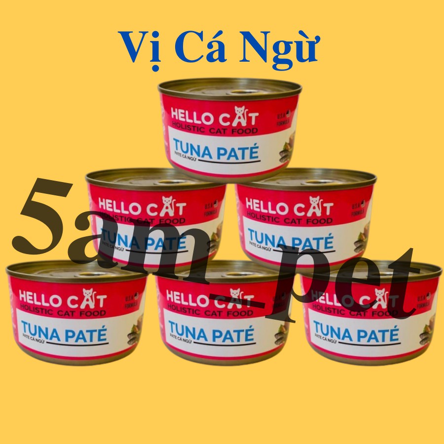 Pate cho mèo nhỏ, mèo lớn - Hello Cat, lon 190gr, vị cá ngừ, thịt gà - 5am pet shop