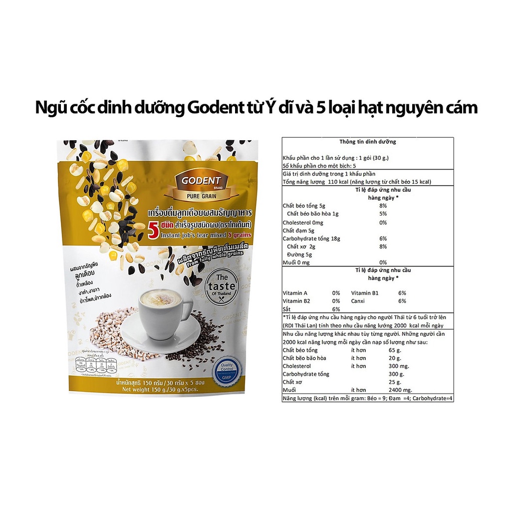 Ngũ Cốc Dinh Dưỡng Godent Từ Ý Dĩ Và 5 Loại Hạt Nguyên Cám - Túi 150g