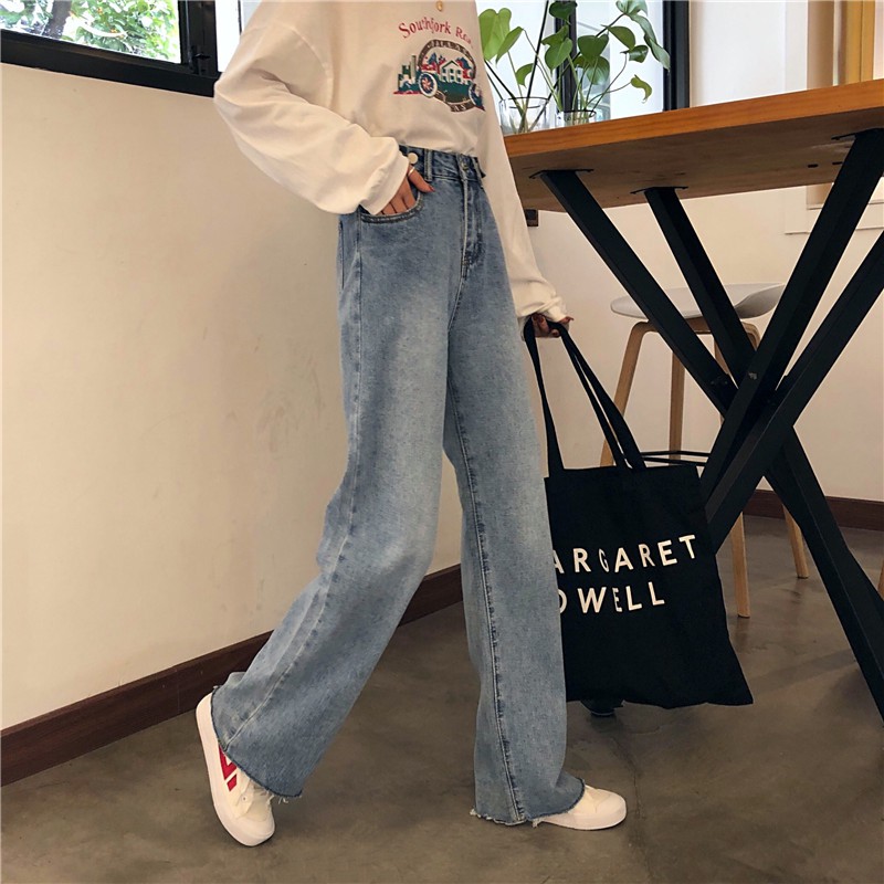 [Size S] Quần jeans nữ ống rộng lưng cao xanh nhạt Ulzzang Quảng Châu QDJ89