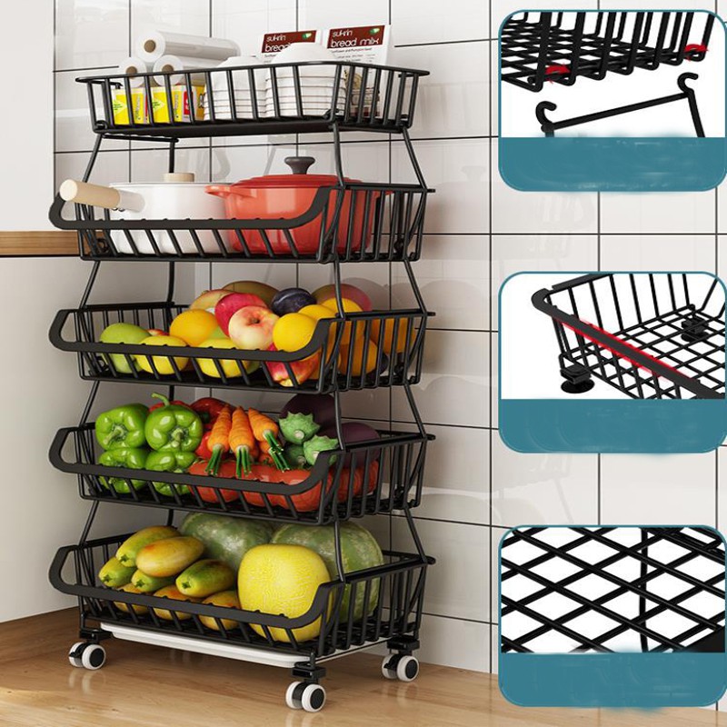 Kệ đựng hoa quả 2,3,4 tầng có bánh xe di chuyển và cố định, xe đẩy rau củ có khớp nối đa năng bằng thép không gỉ | BigBuy360 - bigbuy360.vn