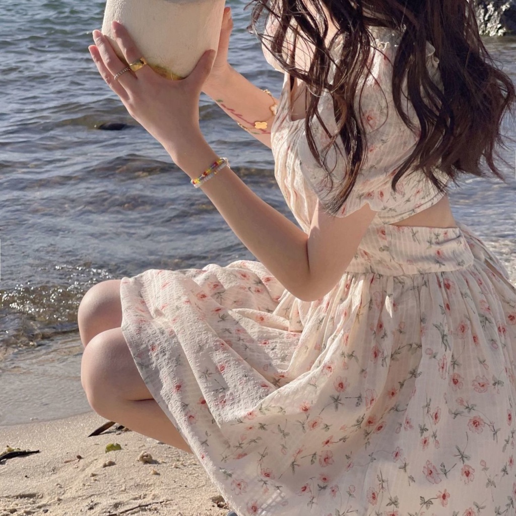Đầm voan hoa cột dây cổ yếm thời trang xuân hè dành cho nữ 2022