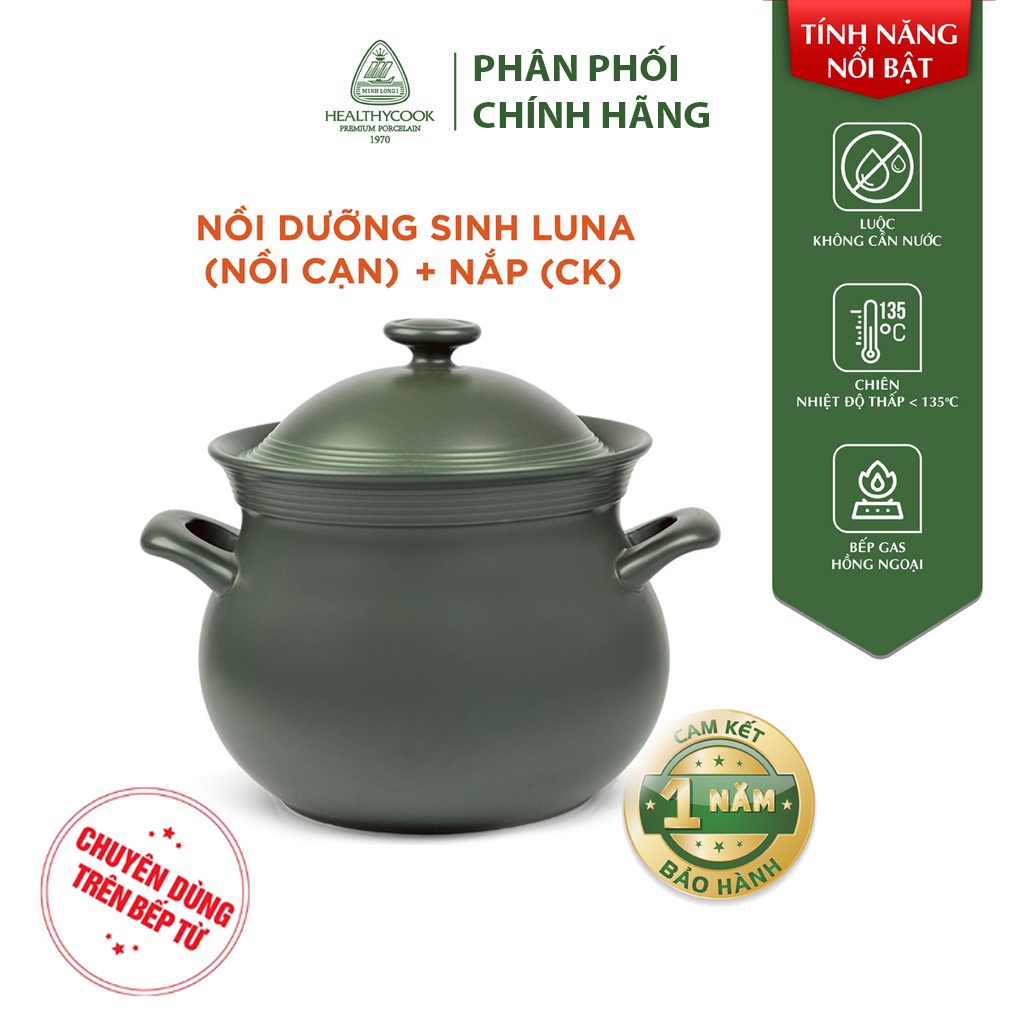 Nồi Sứ Dưỡng Sinh Minh Long Hathor 5.5 L dùng cho bếp từ có nắp đậy, tráng men màu sứ xanh rêu