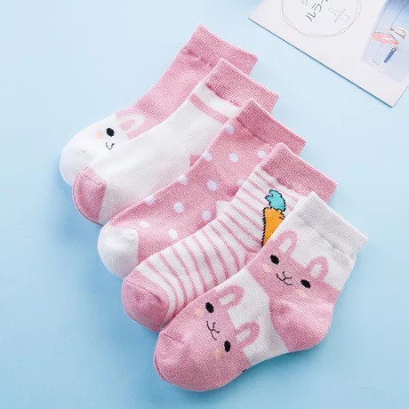 Tất Cho Bé Từ 0 Đến 6 Tuổi Set 5 Đôi Cotton Họa Tiết Hình Thỏ,Thoáng Khí, Co Giãn