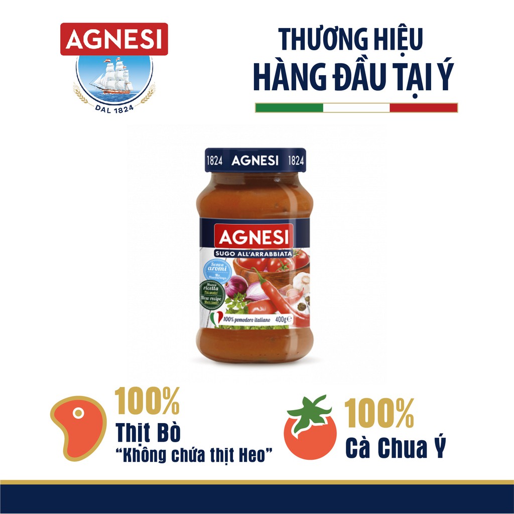 Sốt cà chua ớt Arrabbiata Agnesi 400g, 100% cà chua Ý và thịt bò