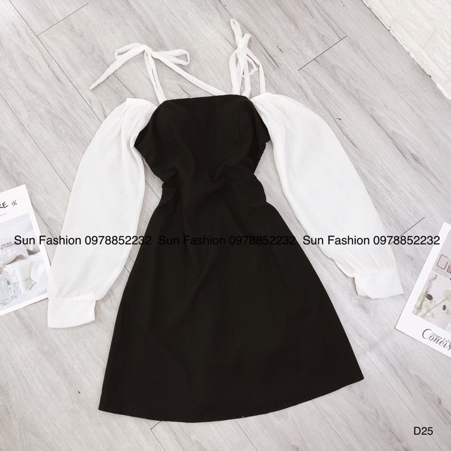 Đầm trễ vai, rớt vai, cổ U Sun Fashion tay dài có sẵn mút ngực