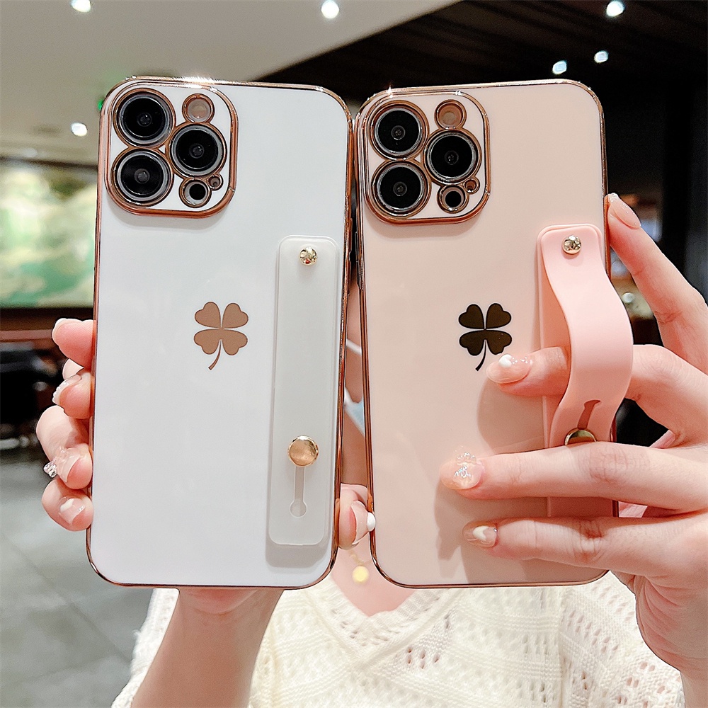 Ốp Điện Thoại Mềm Họa Tiết Cỏ Ba Lá Mạ Màu Có Giá Đỡ Và Dây Đeo Bảo Vệ Camera Cho iPhone 14 13 12 11 Pro Max