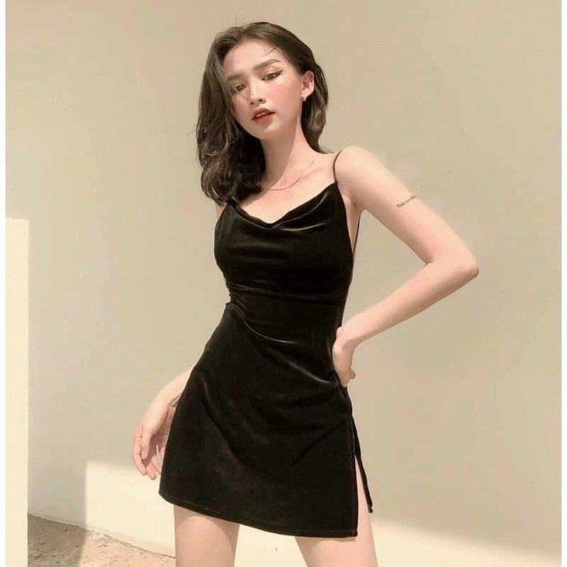 Đầm 2 dây nhung xẻ tà hở lưng_ đầm sexy