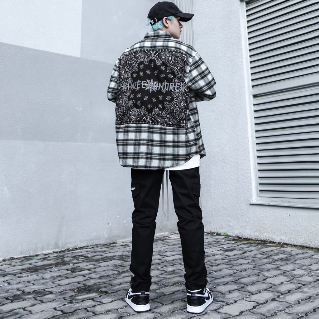 Áo Sơ Mi Sọc Đen Trắng Phối Khăn Flannel Khăn Badana Sau Lưng Chất Liệu Cotton Thoải Mái Phong Cách Đường Phố