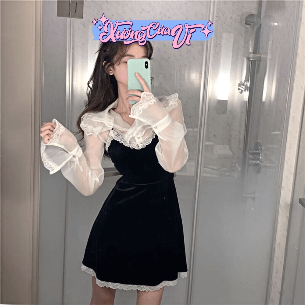 Đầm ngắn hai dây nhung đen viền ren phong cách tiểu thư DN019 Xưởng Của Vi
