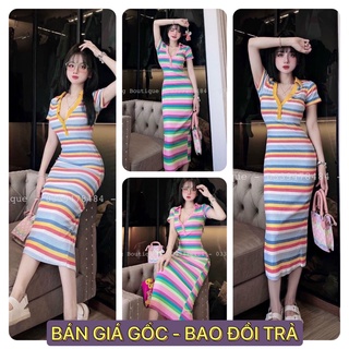 Đầm váy nữ thun body sọc cổ bẻ phong cách hàng loại 1