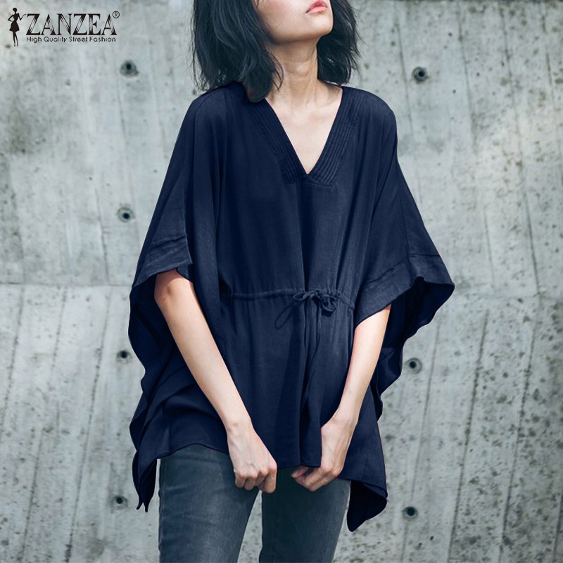 Áo kiểu ZANZEA tay ngắn cổ V màu trơn phối dây rút thời trang cho nữ