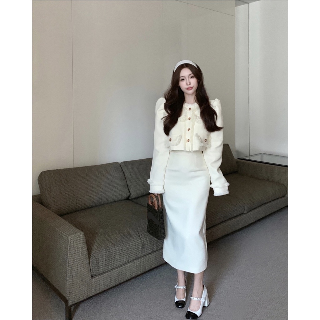 Set Áo Dạ Trắng Và Chân Váy Bút Chì Thiết Kế Hàng Quảng Châu Cao Cấp Phong Cách Tiểu Thư Phù Hợp Đi Ăn Tiệc Cưới Du Lịch