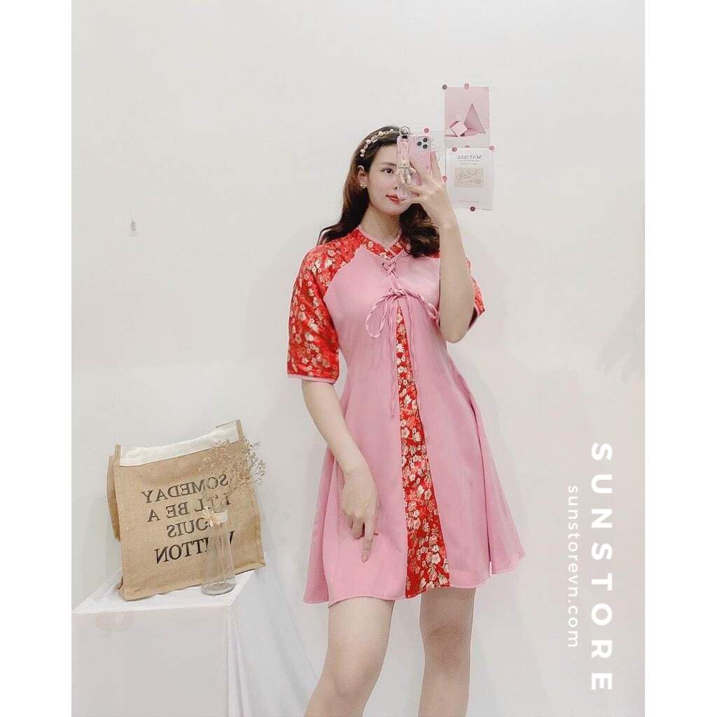 Đầm xoè dáng ngắn mini tay ngắn gấm tết thắt dây ngực 2 màu hồng và đỏ