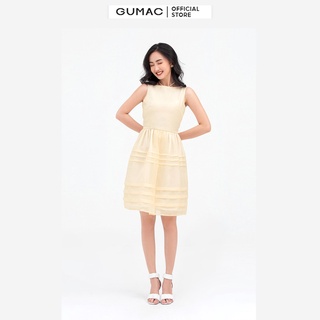Đầm nữ sát nách xếp tùng GUMAC màu vàng DB894