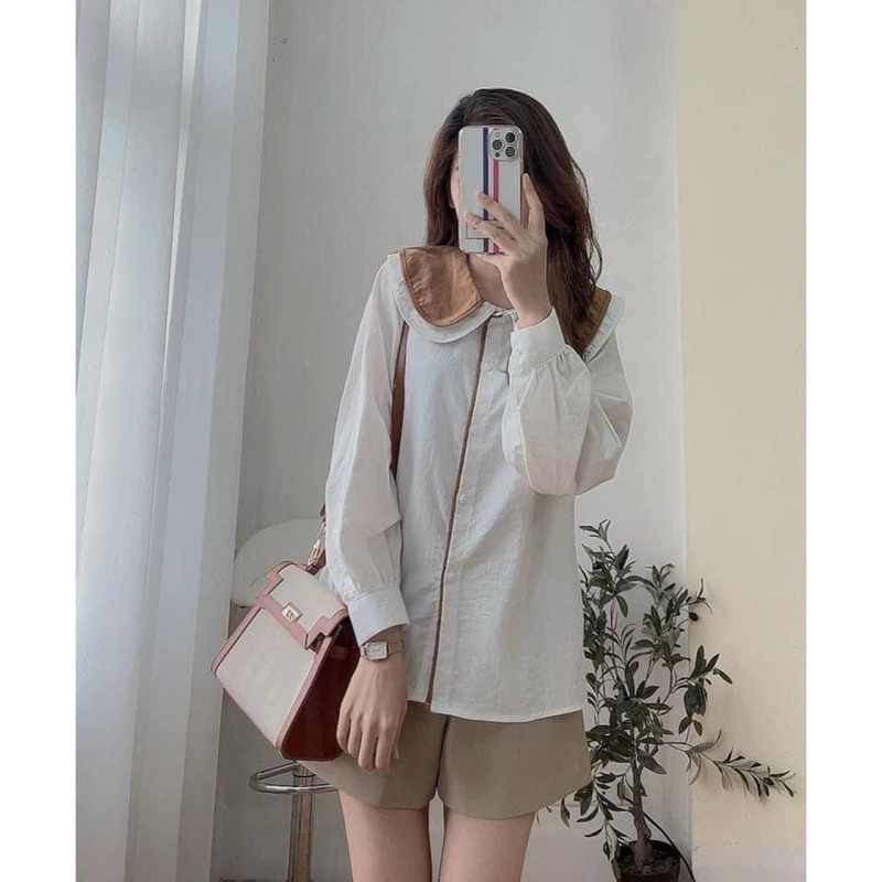 Áo kiểu nữ cổ sen 2 tầng phối màu tay bồng