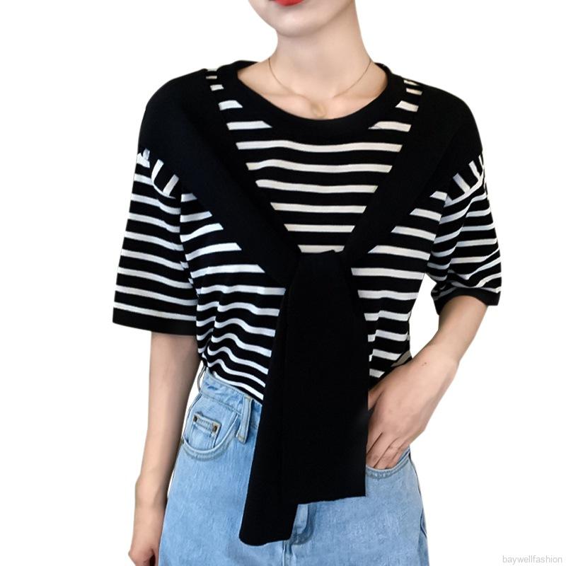 Áo thun tay ngắn giả hai lớp họa tiết kẻ sọc thời trang dành cho nữ Baywellfashion