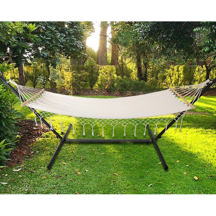 Võng Tua Rua Canvas Trắng Thanh Gỗ Định Vị 2 Đầu 100x200cm PA10051